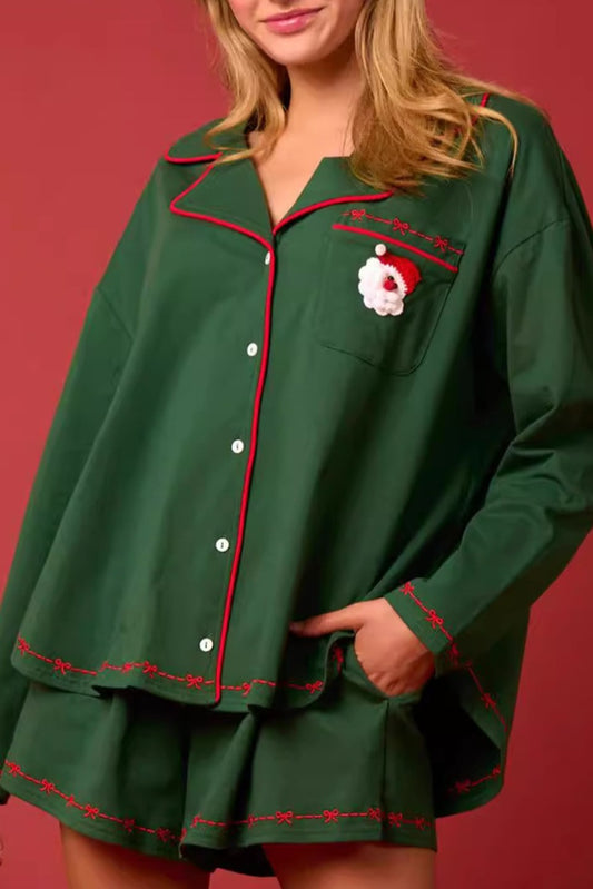 Green Santa Long Sleeve Shirt Shorts Christmas Pajama Set