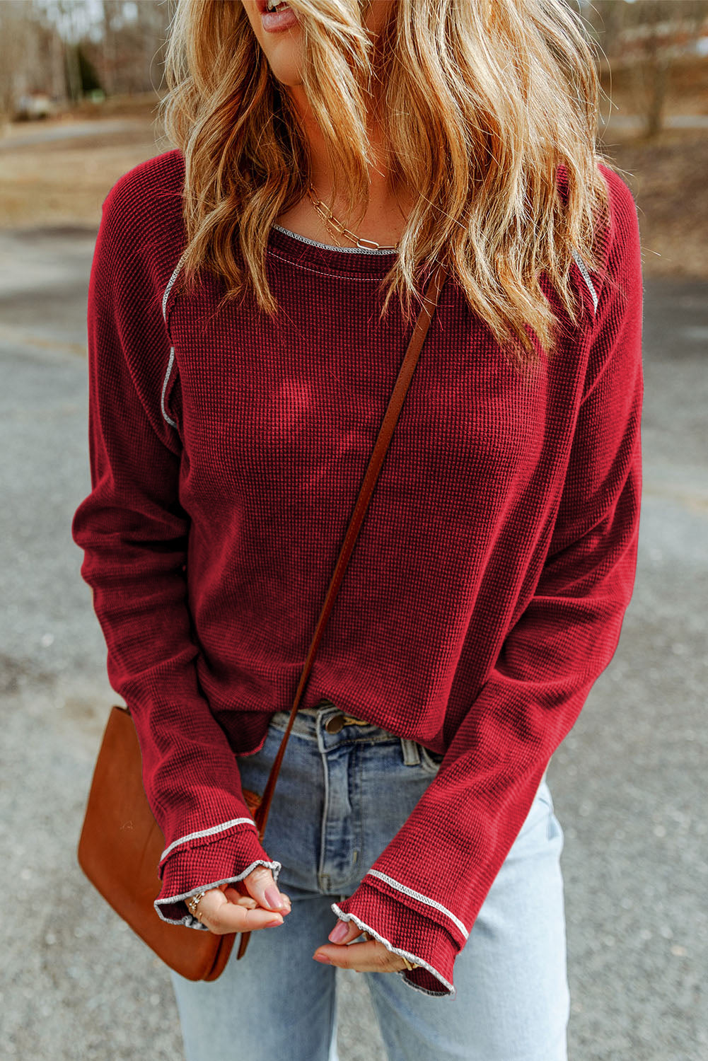 Textured Crewneck Long Sleeve Top