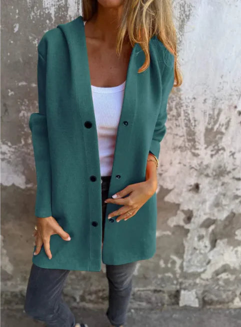 Chic & Cozy Women's Hooded Cardigan – Loose Fit Solid Color Jacket